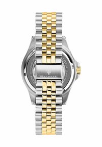 Edelstahlarmbanduhr mit einem zweifarbigen Armband, das silberne und goldene Glieder umfasst, einem runden Gehäuse und einer Krone auf der rechten Seite.