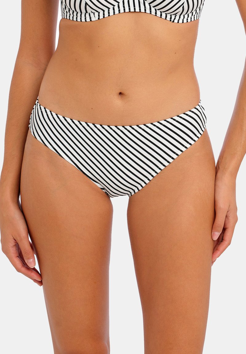Bañador de bikini a rayas en blanco y negro con ajuste de altura media, tejido suave y costuras limpias. Aberturas de pierna ligeramente curvadas para mayor comodidad.