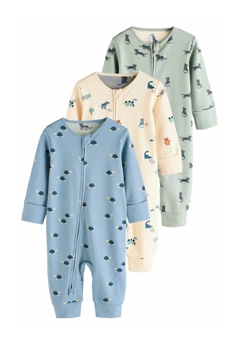 Trois bodies bébé : bleu avec des tortues, beige avec des motifs animaliers et vert avec des chats. Tissu doux, manches longues, fermetures éclair à l'avant.