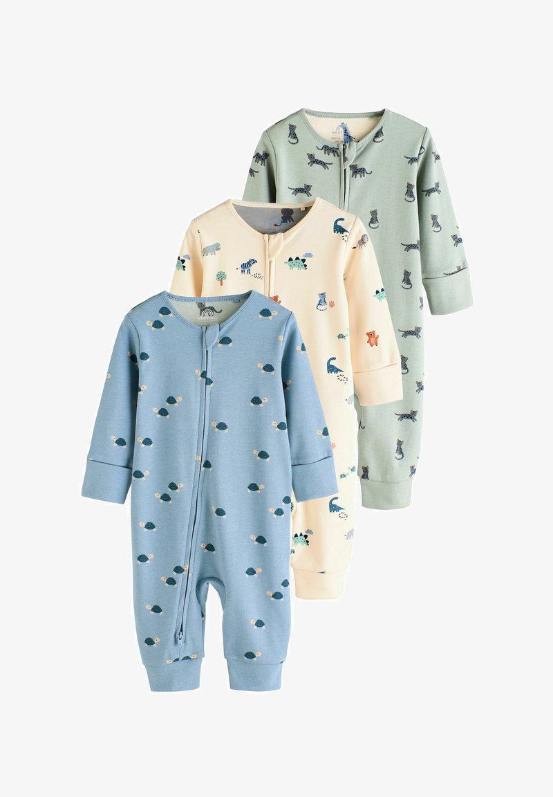 Tre baby onesies: blå med skildpadder, beige med dyreprint og grøn med katte. Blødt stof, lange ærmer, frontlynlås.