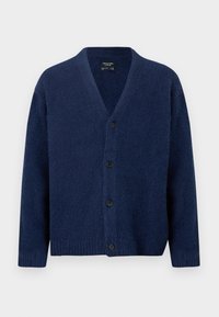 Μπλε ναυτικό μάλλινο ζακέτα με V-λαιμόκοψη, μακριά μανίκια, ριμπ μανσέτες και τελείωμα, και τέσσερα μαύρα κουμπιά μπροστά.