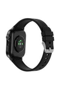 Smartwatch nero con cassa in alluminio quadrata, cinturino in silicone con fori di ventilazione e sensore circolare sul retro con luci verdi.