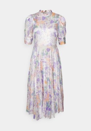Midi-langes plissiertes Kleid mit Puffärmeln, hohem Kragen, Reißverschluss hinten und pastellfarbenem Blumenmuster in Flieder-, Orange-, Grün- und Weißtönen.