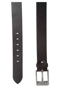 Schwarzer Leder-Gürtel, glatte Textur, verfügt über fünf Einstelllöcher, metallische rechteckige Schnalle in Silberoptik, minimalistisches Design.