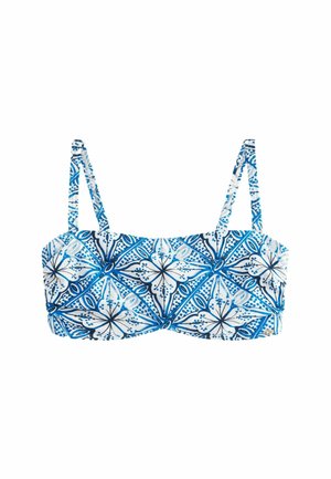 Bikini tops ar zilu un baltu ziedu ģeometrisko rakstu, ar regulējamiem galiem, gludu tekstūru un strukturētu, bandeau stila dizainu.