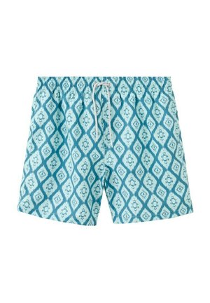 Pantaloni scurți de baie bleu deschis cu modele geometrice în formă de diamant de culoare albastru închis și șnur alb la talia elastică.