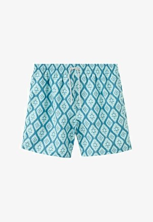 Pantaloncini da nuoto azzurri con motivi geometrici a forma di diamante di colore blu scuro e coulisse bianca in vita elastica.