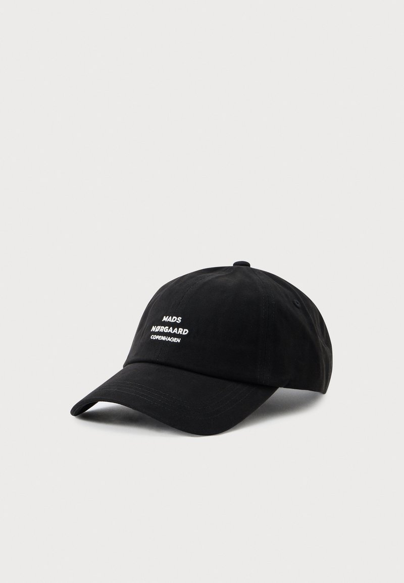 Black cotton baseball cap with a curved brim, featuring white embroidered text stating "MADS NØRGAARD COPENHAGEN" on the front.