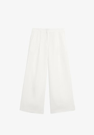 Pantaloni a gamba larga bianchi, con vita alta, doppi taschini laterali e una texture del tessuto liscia. Design minimalista senza motivi visibili.