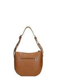Borsa a spalla in pelle marrone con superficie testurizzata, forma curva, tracolla regolabile e tasca con zip frontale. Presenta dettagli in metallo argento.