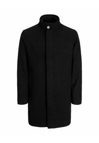 Must have kõrge kraega must ülerõivas, nööbiga kinnitatud ja küljetaskutega. Sile, tekstuuriga kangas, sirge ja mugav lõige.