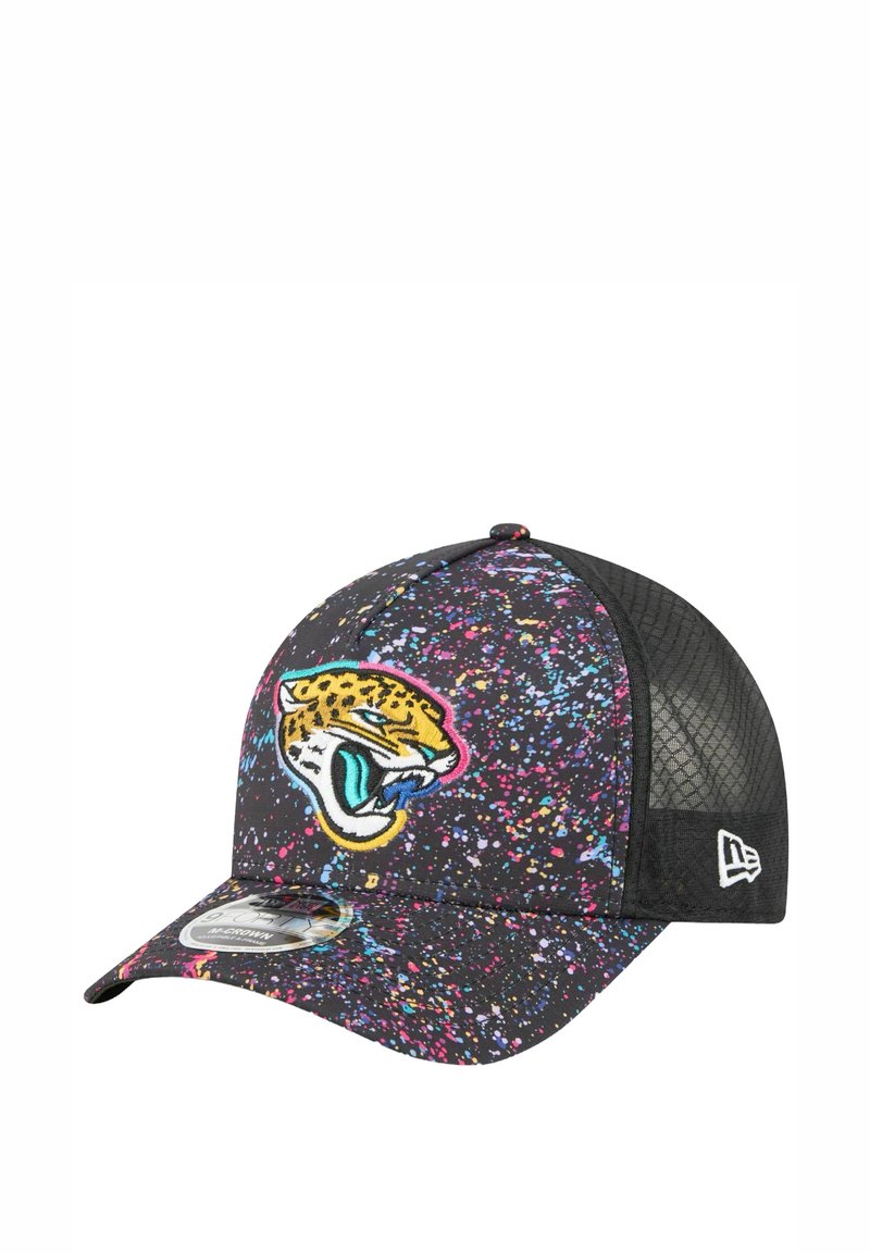 Black cap with a splatter pattern in vibrant colors. Features a jaguar logo on the front and mesh panels on the sides.
