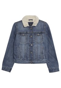 Džínová bunda v tmavě modré barvě s měkkým béžovým kožešinovým límcem z umělé kožešiny. Má zapínání na knoflíky, dvě náprsní kapsy a boční kapsy.