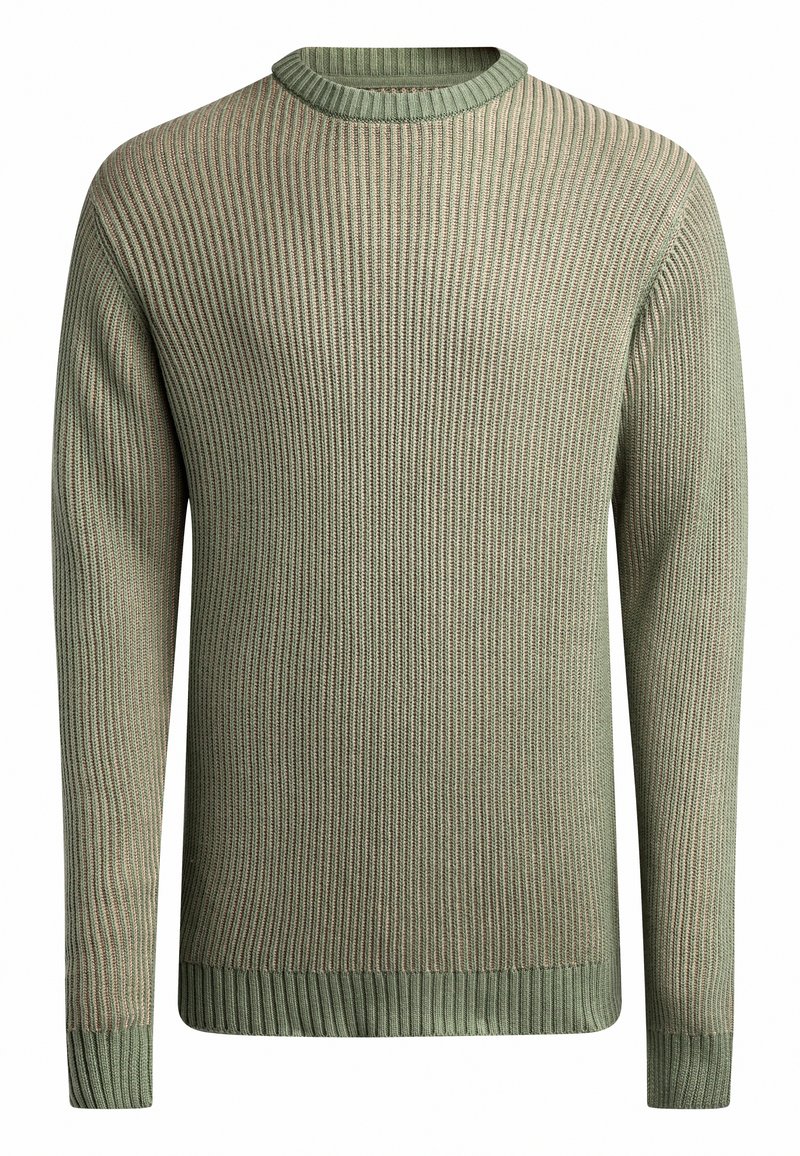 Maglione verde a coste con scollatura a girocollo e tessuto texturizzato, caratterizzato da righe chiare in contrasto e polsini e orlo a coste.