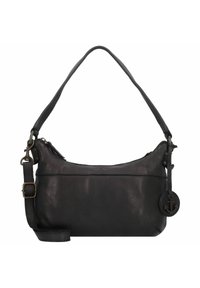 Bolso de hombro de cuero negro con forma redondeada, correa desmontable, herrajes metálicos y un charm en forma de ancla. Textura suave y diseño minimalista.