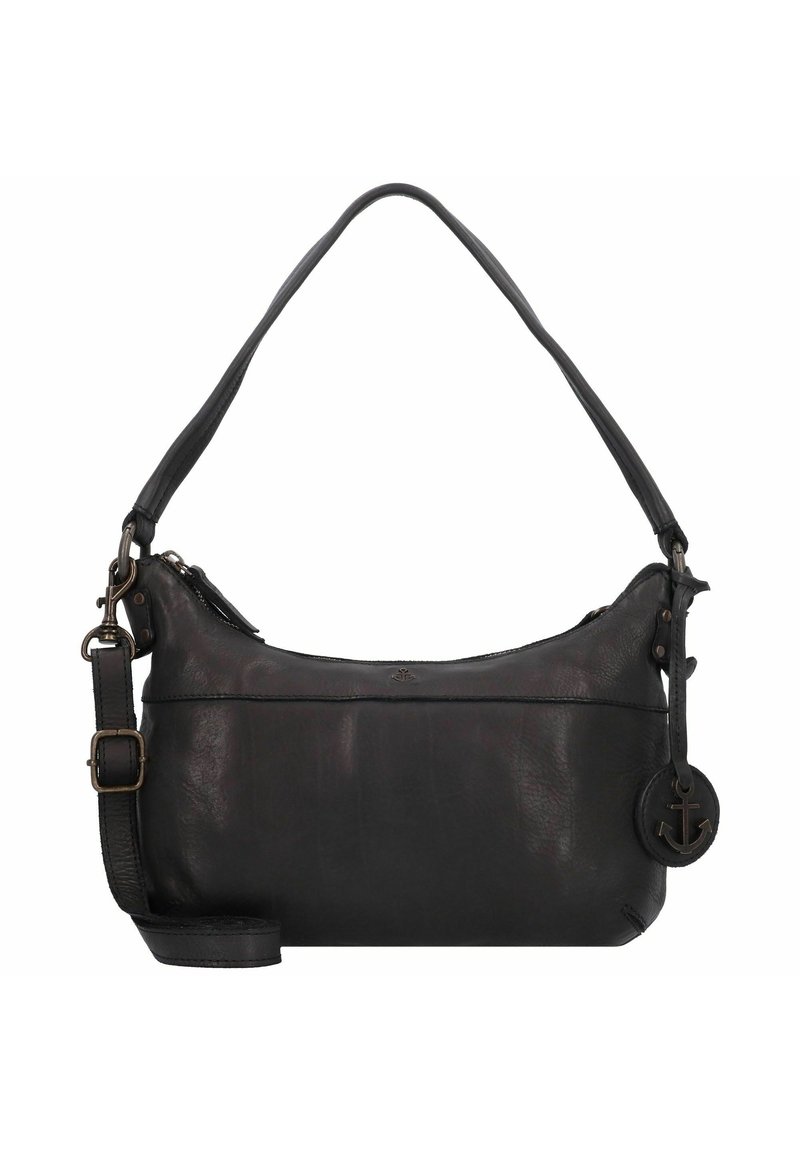 Bolso de hombro de cuero negro con forma redondeada, correa desmontable, herrajes metálicos y un charm en forma de ancla. Textura suave y diseño minimalista.