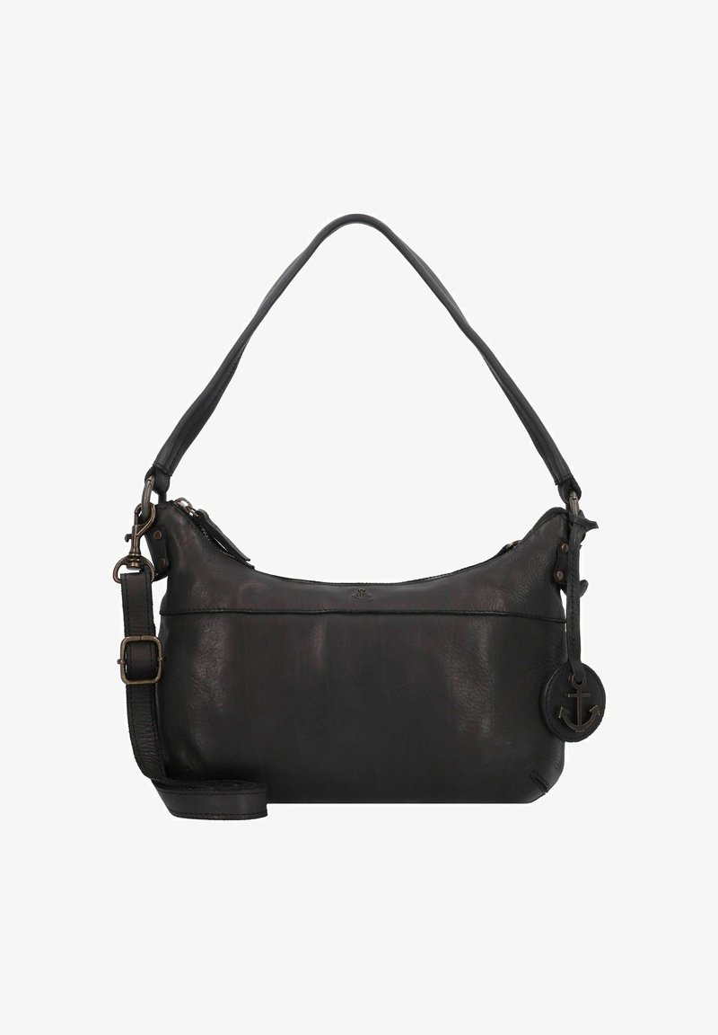 Sac à épaule en cuir noir avec une forme arrondie, une bandoulière détachable, des accessoires en métal et un accent en forme d'ancre. Texture lisse et design minimal.