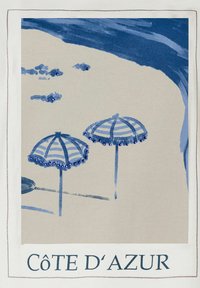 White fabric featuring two blue-and-white striped beach umbrellas with bead accents, set against a lighter sandy background. Text reads "Côte D'AZUR."