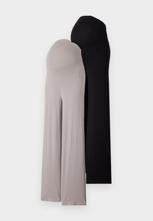 Par par majčinskih hlača od mekog, rastezljivog materijala. Jedne su sive, a druge crne, imaju široke nogavice i elastičnu waistband za udobnost.