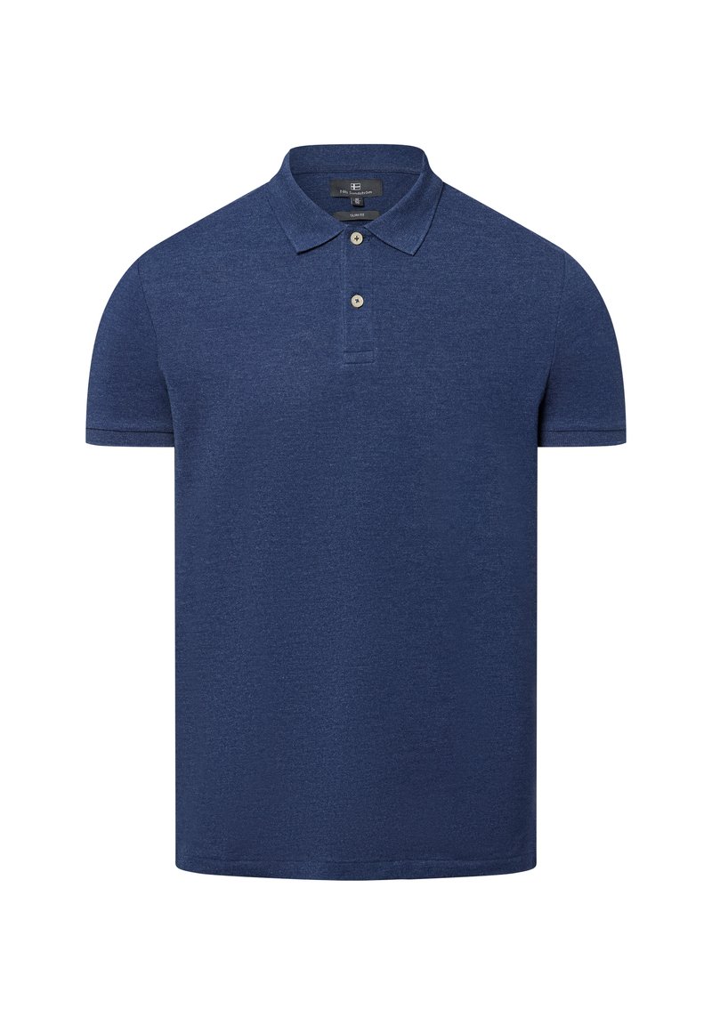 Dunkelblaues Poloshirt aus strukturiertem Stoff mit einem Kragen, einer zwei-Punkte-Leiste und kurzen Ärmeln. Einfaches Design, ohne Muster oder Akzente.