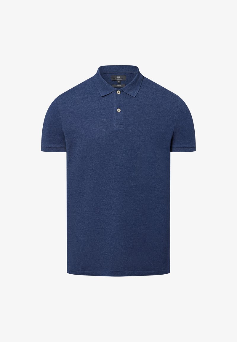 Dunkelblaues Poloshirt aus strukturiertem Stoff mit einem Kragen, einer zwei-Punkte-Leiste und kurzen Ärmeln. Einfaches Design, ohne Muster oder Akzente.