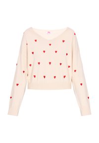Maglione color crema con scollo a V, maniche lunghe e motivi a cuore rossi su tutta la superficie. Orlo e polsini a coste aggiungono texture.