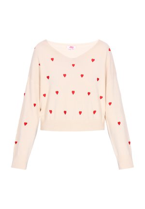 Sweter w kolorze kremowym z dekoltem w serek, długimi rękawami i czerwonymi serduszkami w całej powierzchni. Żebrowany dół i mankiety dodają tekstury.