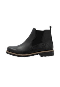 Botte Chelsea en cuir noir avec des panneaux élastiques sur les côtés, bout rond et semelle texturée. Présente un logo discret sur le côté et une languette d'enfilage.