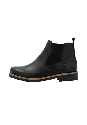 Botte Chelsea en cuir noir avec des panneaux élastiques sur les côtés, bout rond et semelle texturée. Présente un logo discret sur le côté et une languette d'enfilage.