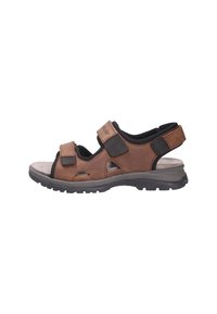 Open-toe brown leather sandals with adjustable Velcro straps, rubber sole, and cushioned footbed, featuring side cutouts for breathability.