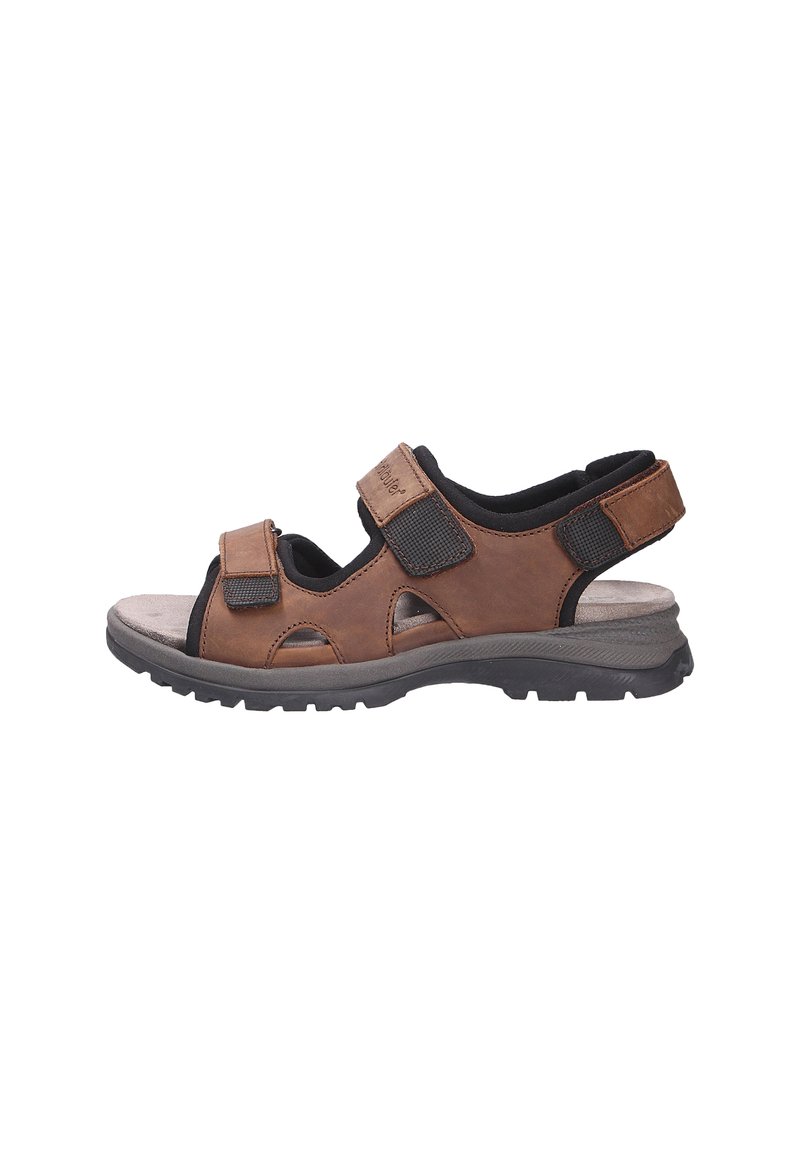 Open-toe brown leather sandals with adjustable Velcro straps, rubber sole, and cushioned footbed, featuring side cutouts for breathability.