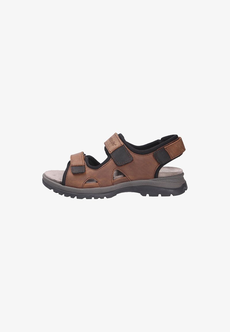 Open-toe brown leather sandals with adjustable Velcro straps, rubber sole, and cushioned footbed, featuring side cutouts for breathability.