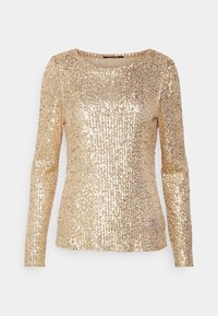Gouden pailletten top met lange mouwen, ronde halslijn en een textuur die is gecreëerd door dicht op elkaar gepakte pailletten.