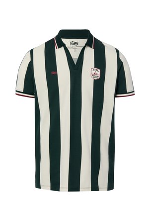 Polo a maniche corte con righe verticali verdi e bianche, colletto nero e distintivo "FHL Rowing Club" sul petto.