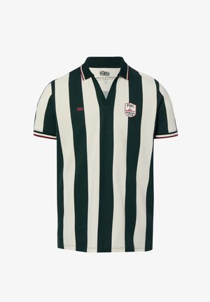 Poloshirt mit kurzen Ärmeln, grünen und weißen vertikalen Streifen, schwarzem Kragen und "FHL Rowing Club" Abzeichen auf der Brust.