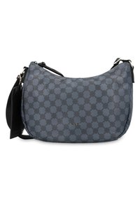 Hobo-style bag in dark blue with a geometric pattern. Features a smooth texture, black accents, and an adjustable strap.