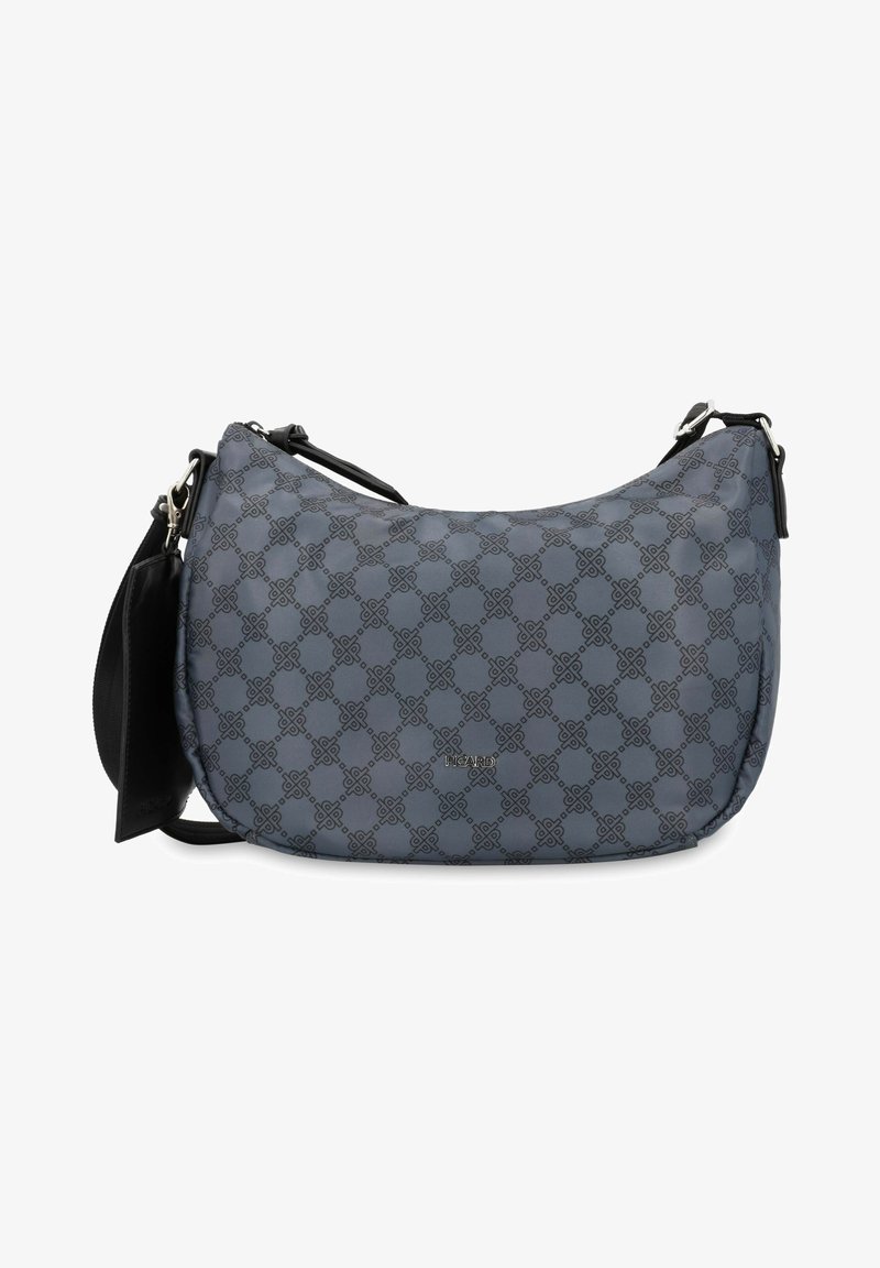 Hobo-style bag in dark blue with a geometric pattern. Features a smooth texture, black accents, and an adjustable strap.