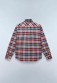 Camicia con bottoni in tessuto a quadri nei colori rosso, blu e crema. Maniche lunghe, colletto e polsini con bottone, realizzati in morbido tessuto a trama.