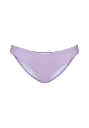 Lila bikini spodnji del z gladko površino, nizkim rezom in belo podlogo. Ima minimalističen dizajn in brez vidnih kovinskih delov.