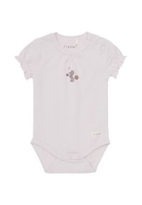 Helles lila Baby-Strampler mit kurzen Rüschensäumen, der ein Seepferdchen- und Muschel-Muster auf der Brust hat, mit Druckknopfverschluss im Schritt.