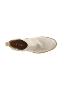 Stivale alla caviglia in suede beige chiaro con punta tonda, pannelli laterali elastici e una linguetta sul tallone; suola piatta marrone.