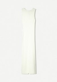Abito lungo bianco a costine, senza maniche, con una silhouette aderente e spacchi laterali. Realizzato in un tessuto testurizzato che crea un motivo sottile.