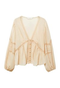 Blusa beige realizzata in tessuto leggero, con scollo a V profondo, fronte con bottoni e maniche lunghe a sbuffo con dettagli in pizzo.