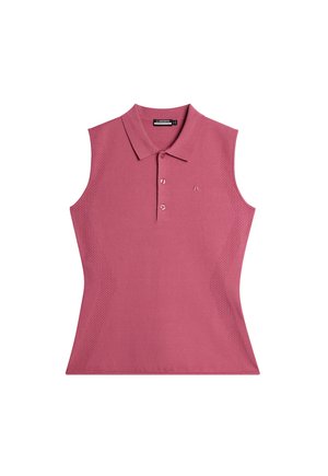 Mouwloos poloshirt in roze stof met een gestructureerd ontwerp, voorzien van een kraag, drie knopen en een logo op de linker borst.