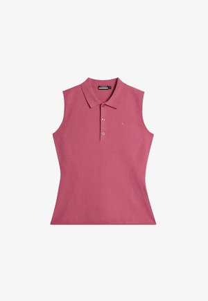 Ärmelloses Poloshirt aus pinkem Stoff mit einem strukturierten Design, ausgestattet mit einem Kragen, drei Knöpfen und einem Logo auf der linken Brustseite.