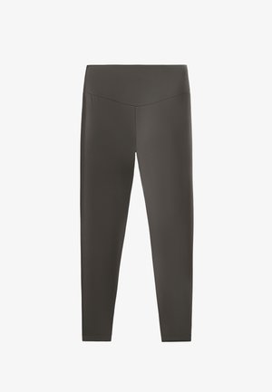 Leggings griș cu talie înaltă, dintr-un material neted și elastic. Au o formă ajustată și nu prezintă tipare sau accesorii vizibile.