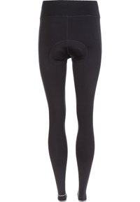 Black leggings made from stretchy fabric, featuring a high waistband, smooth texture, and a circular cut-out detail at the seat.