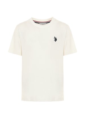 T-shirt corto a maniche corte di colore crema, realizzato in cotone, con un piccolo logo di un giocatore di polo nero sul lato sinistro del petto e un collo rotondo con strisce a contrasto.