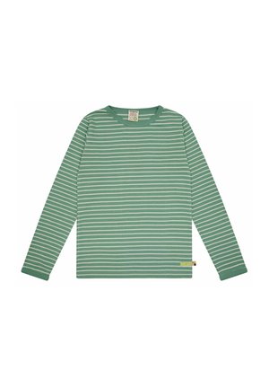 Langsleeve t-shirt in het groen met witte strepen. Heeft een geribbelde halslijn en een klein label aan de onderkant. Gemaakt van katoen.