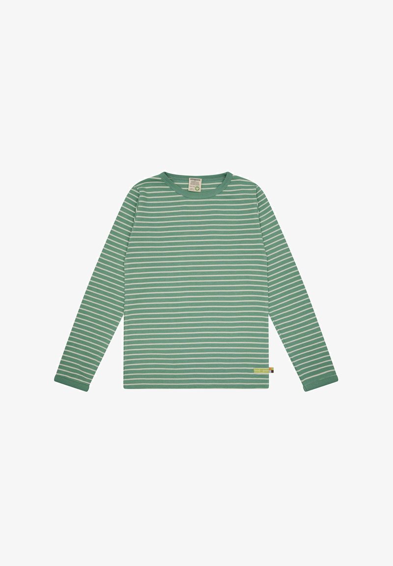 Langärmliges T-Shirt in Grün mit weißen Streifen. Verfügt über einen gerippten Halsausschnitt und ein kleines Etikett an der unteren Seite. Material aus Baumwolle.
